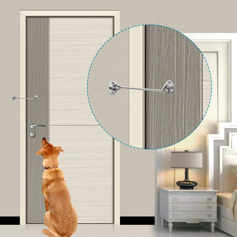 Heavy Duty Two Pack Eight Inch Gate Hook And Eye Latch Rock Solid Stainless Steel Security Latch For Outdoor Barn Door Privacy Bolt Rust Resistant Silver Hardware Kit shown on door with dog.