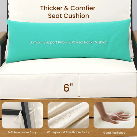 Close-up of Three Piece Outdoor Bistro Set white 6-inch cushion highlighting lumbar support pillow, fabric details, and comfort.