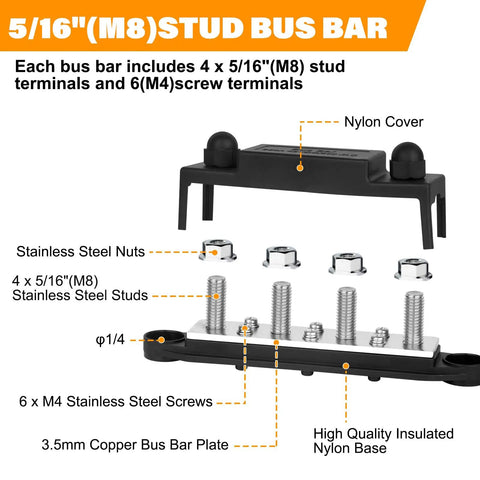 Heavy Duty 250A Power Distribution Block Pair With Thick Copper Busbar Terminal Strips For 12V Marine Boat Truck Car Audio Systems showing stainless steel studs and nylon cover.