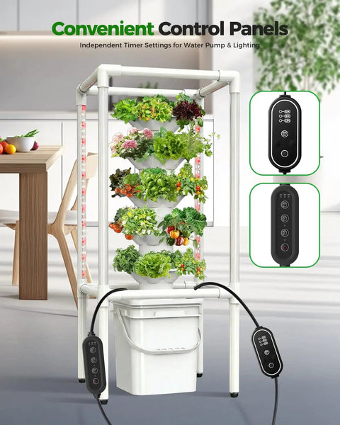 Hydroponic Tower Garden System With Full Spectrum Grow Lights for indoor and outdoor use, 5-tier vertical garden with 25 pods.