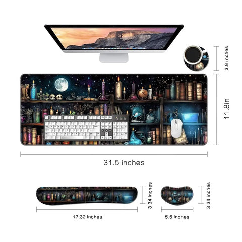 Memory Foam Keyboard Wrist Rest And XXL Extended Gaming Mouse Pad Set For Ergonomic Comfort Pain Relief Easy Typing 4 Piece Ultra Thick Desk Mats With Enchanted Bookshelf Design