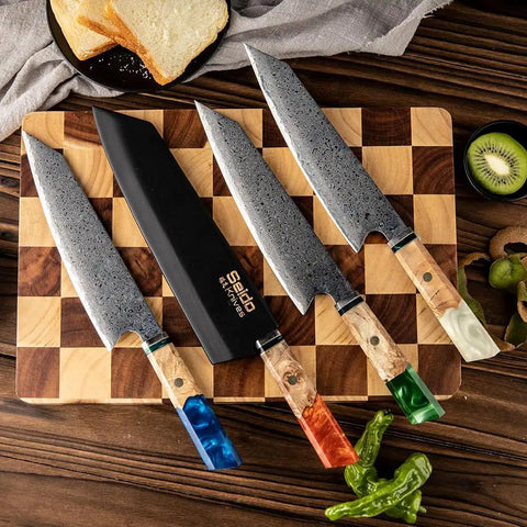 Kiritsuke Knife Cover With Walnut Magnetic Sheath For 10 Inch Blades on wooden cutting board with Damascus steel knives.