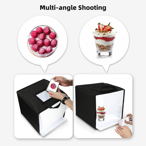 Portable Photo Studio Light Box 12 By 12 Inches Shooting Tent Featuring 112 High CRI Dimmable LED Lights With Six Interchangeable Backdrops, multi-angle shooting setup with desserts.