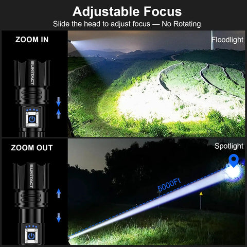 Ridiculously Bright 20000 Lumen USB Rechargeable LED Flashlight demonstrating zoomed-in floodlight and zoomed-out spotlight beam