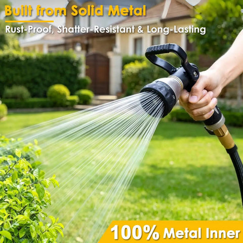 Heavy Duty Fireman Style Hose Nozzle With Eight Spray Patterns, Lever Control Ergonomic Grip, Built Like A Tank All Metal Garden Sprayer for Lawn Care being used to water plants