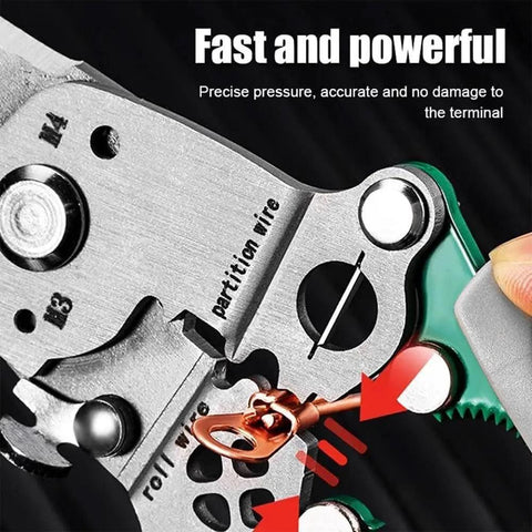 Close-up of Eighteen In One Foldable Wire Stripper And Crimping Tool For Pros And DIYers, highlighting its precision crimping feature.