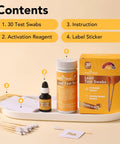 Lead Test Kit With Vinegar For Home Surfaces, 30 Rapid Swabs shown with activation reagent, instruction, and label sticker.