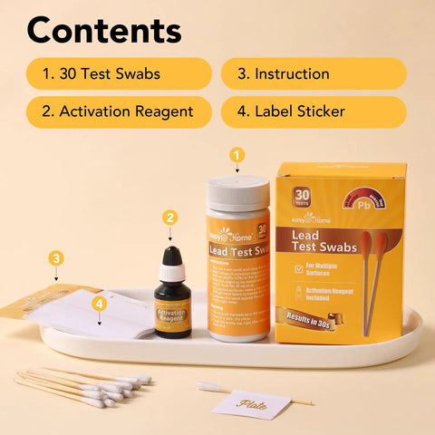 Lead Test Kit With Vinegar For Home Surfaces, 30 Rapid Swabs shown with activation reagent, instruction, and label sticker.