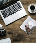 Custom Photo And Text Mouse Pad Neoprene Gaming Desk Mat on wooden desk with laptop and coffee cup