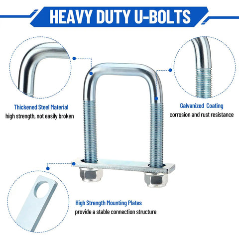 Heavy Duty 4 Pack Square U Bolts For 2.5 Inch Wide Leaf Springs, Galvanized Steel U Bolt Brackets With Plates, detailed view