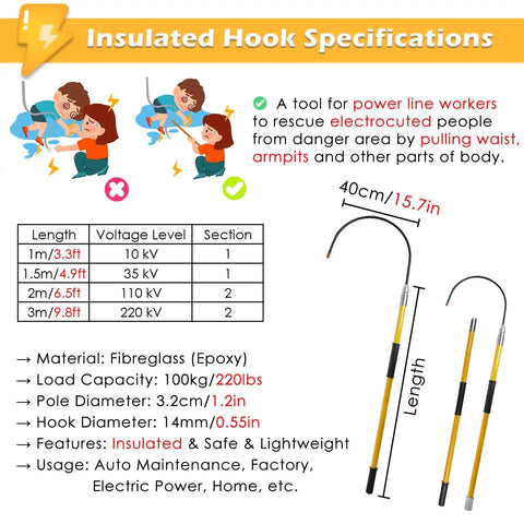 Premium Street Tough Insulated Rescue Hook Deadstick For Master Electricians And Emergency Staff Rock Solid Fiberglass Hot Stick specifications and usage chart.