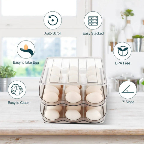 Egg Holder For Fridge Auto Rolling Dispenser Two Layer Large Capacity Refrigerator Organizer With Clear Lid Tray And Bin in kitchen
