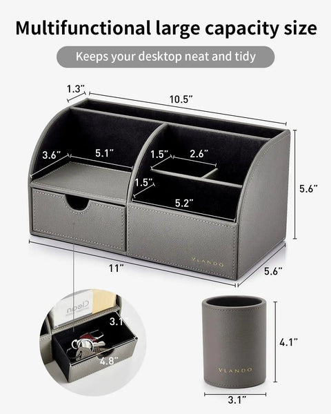 Dope PU Leather Desk Caddy Organizer Set With Drawer And Pen Holder, 2 piece, gray with measurements, 5 compartment caddy.