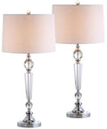 Clear Crystal Table Lamp Set Of 2, 29 And A Half Inch Tall Modern Glam Candlestick Lamps With Chrome Bases And White Linen Drum Shades, LED Bulbs Included For Living Room Or Bedroom on white background