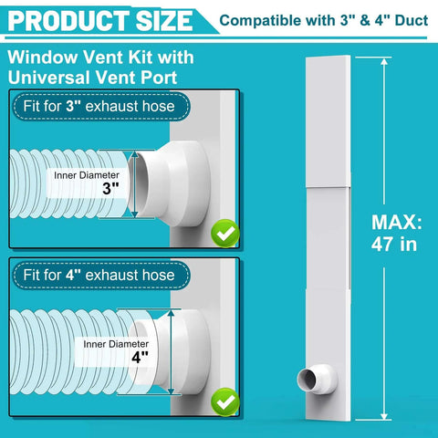 Window Vent Kit for 3 Inch and 4 Inch Ducts, showing adjustable universal vent port and louvered air vent cover, max length 47 inches.
