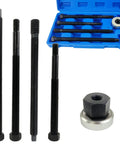 Five-Piece Long Reach Harmonic Balancer Installer Kit For Quick, No-Fuss Damper Install On Most Vehicles With M16x2.0, M12x1.75, M14x1.5 And M12x1.5 Thread Adapters shown with black threaded rods and blue case