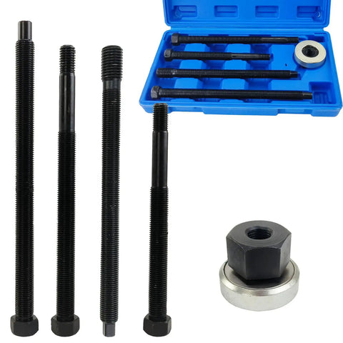 Five-Piece Long Reach Harmonic Balancer Installer Kit For Quick, No-Fuss Damper Install On Most Vehicles With M16x2.0, M12x1.75, M14x1.5 And M12x1.5 Thread Adapters shown with black threaded rods and blue case