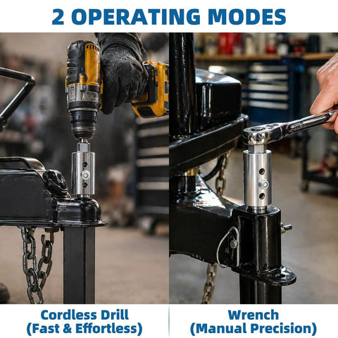 Heavy Duty Trailer Jack Drill Adapter For 1 Inch Cordless Shafts And Half Inch Square Drive Rust Proof Stainless Build in use with cordless drill and wrench.