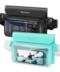 Triple Seal IPX8 Waterproof Fanny Pack with touch screen dry bag for kayaking and water sports, black and teal colors displayed.