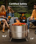 Smokeless 19 Inch Fire Pit For Camping With Waterfallflame Technology in use with food on grill at outdoor gathering