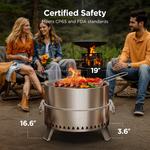 Smokeless 19 Inch Fire Pit For Camping With Waterfallflame Technology in use with food on grill at outdoor gathering