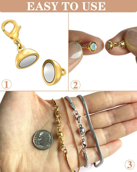 Magnetic Bead Necklace Clasp Closure for Jewelry Converters and Bracelet Extenders shown with close-up on installation.