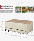 Built Tough All Weather Waterproof Patio Table Cover For 96 By 48 Inch Outdoor Dining Set Fits Rectangular Tables And 4 To 6 Chairs Fade Resistant UV Protected Light Tan And Khaki Finish shown installed, covering table and chairs