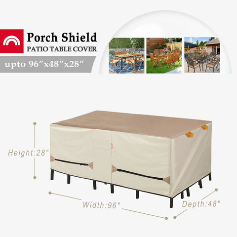Built Tough All Weather Waterproof Patio Table Cover For 96 By 48 Inch Outdoor Dining Set Fits Rectangular Tables And 4 To 6 Chairs Fade Resistant UV Protected Light Tan And Khaki Finish shown installed, covering table and chairs