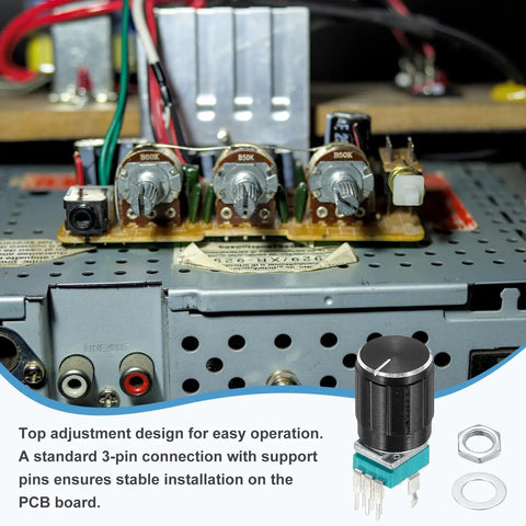10 Pack RK097N B50K Sealed Rotary Potentiometer, 3 Pin Linear, 15mm Knurled Shaft connected on PCB board