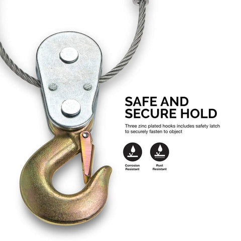 Close-up of zinc plated hook and cable from Beefy Five Ton Come Along Winch With Ten Foot Cable Dual Gear Hand Winch Heavy Duty Puller.
