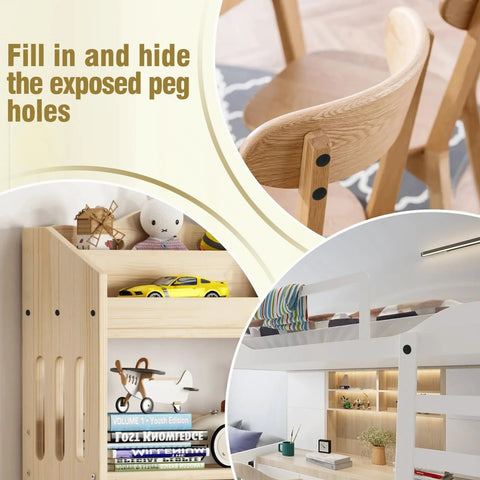 10 Pcs 28mm Plastic Hole Plugs installed in furniture to hide peg holes, showcasing durable nylon, black color, professional fit.