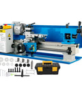 Rock Solid Compact Metal Lathe Seven By Fourteen Inch Bed with accessories, heavy cast iron frame for garage shop machining.