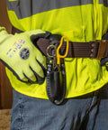 Cable Splicer Kit With Electricians Knife And Free Fall Snip Includes Leather Tool Holder For Belts Up To Two Inches The Essential Gear For Cable And Phone Techs On The Job shown on technician's belt