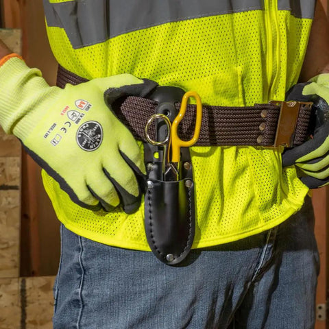 Cable Splicer Kit With Electricians Knife And Free Fall Snip Includes Leather Tool Holder For Belts Up To Two Inches The Essential Gear For Cable And Phone Techs On The Job shown on technician's belt