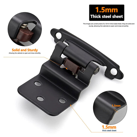 Close-up of 60 Packs 30 Pairs 3/8 Inch Inset Matte Black Cabinet Hinges Self Closing, showing thick steel sheet detail.
