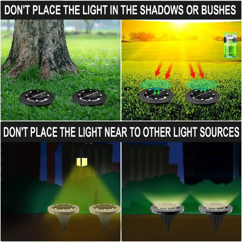 Warm White Solar Disk Lights Dope 12 Pack Outdoor LED Garden Pathway Lighting Waterproof For Landscape Patio Yard Walkway Lawn Driveway Easy Install And Low Maintenance demonstration setup with placement guidelines.