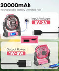 20000mAh Portable Camping Fan With LED Light Battery Powered Quiet Operation USB A And USB C Ports For Travel On The Go Tent Beach Car Or Power Outages For 16 To 64 Hours Of Runtime Pink