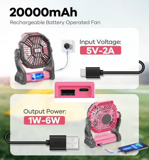 20000mAh Portable Camping Fan With LED Light Battery Powered Quiet Operation USB A And USB C Ports For Travel On The Go Tent Beach Car Or Power Outages For 16 To 64 Hours Of Runtime Pink