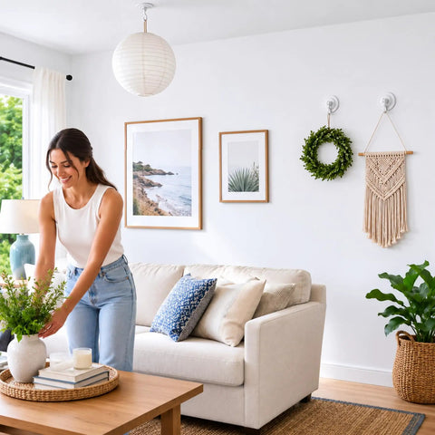 Heavy Duty Adhesive Swivel Hooks Four Pack No Drill Rotating Wall Mounts For Living Room Lights Indoor Plants Wind Chimes Effortless Breezy Hangin Setup To Level Up Your Personal Space in sunny living room with plants and decor.