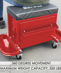 Three Drawer Rolling Tool Chest And Mechanic Seat With Tool Trays Pro Grade Heavy Duty 350 Pound Weight Capacity Red Finish