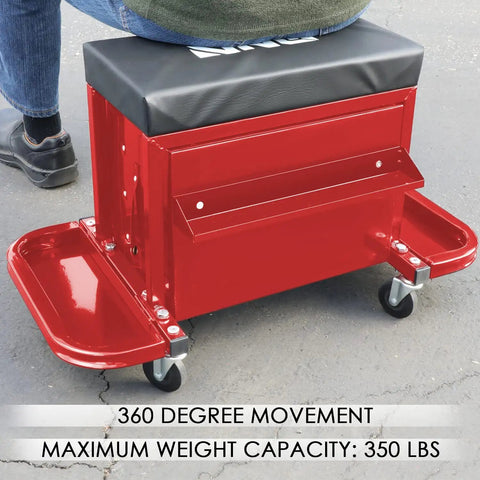 Three Drawer Rolling Tool Chest And Mechanic Seat With Tool Trays Pro Grade Heavy Duty 350 Pound Weight Capacity Red Finish