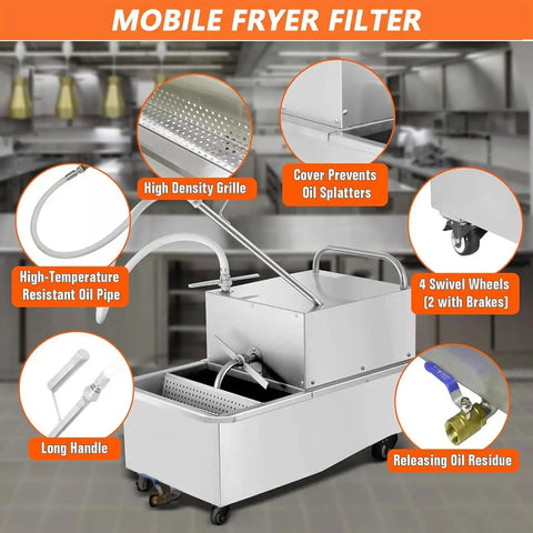 Heavy Duty Stainless Steel 550W Deep Fryer Oil Filter Machine With Built In Screen 32 L Min Fast Filtration For Commercial Kitchen restaurant And Supermarket Grease Removal System with high density grille and oil pipe.