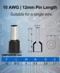 10 AWG Insulated Wire Ferrules 100 Pack Yellow E6012 Crimp Connectors Tin Plated Copper Pin Terminals For Electrical Terminations And DIN Rail Terminal Blocks, 12mm pin, 20.5mm length