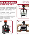 Step-by-step guide to reinsert ink pad into Heavy Duty Self Inking Date Stamp With Sick Brush Stroke Design And Bold Red Ink.