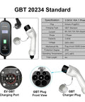 GBT 20234 Standard EV charger plug with specifications, 3.5KW 16A 1 phase, 220V-240V, including Portable Beefy Level 2 EV Charger 220V 230V 16A Three Point Five Kilowatts Type 2 J1772 Cable For EVs IP67 Weatherproof Water Resistant Fire Resistant With Over Current Over Voltage Protection And Easy Plug And Play Design For Home Or Travel, plug close-up and GBT charging port.