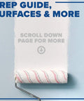 Paint roller applying Prime All Multi Surface Primer For Interior And Exterior Use, 100 Percent Acrylic With Strong Sealing, Stain Blocking, No Mess Easy Apply, Works Like A Charm, Quick Drying Mildew Resistant Coating, Topcoat In About An Hour White on blue wall.