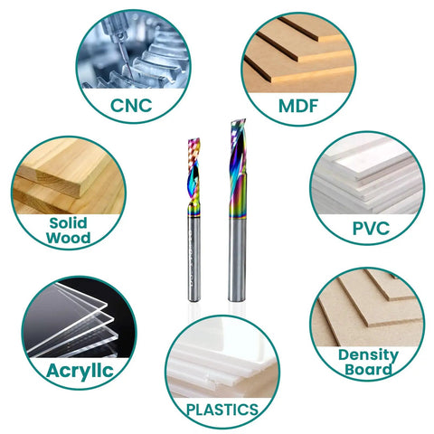 Two multicolor milling cutters surrounded by materials like CNC, MDF, solid wood, PVC, acrylic, plastics, and density board.