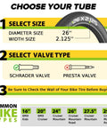 Diagram showing bike tube selection with size 26x2.125 and Schrader valve, highlighting bike types for Dual Pack 26x2.125 To 2.40 Inches Bike Inner Tubes With 35mm Schrader Valve Premium Butyl Includes 2 Tire Levers Fits Most 26 Inch Mountain And City Bikes Easy Install Heavy Duty Replacement Tubes