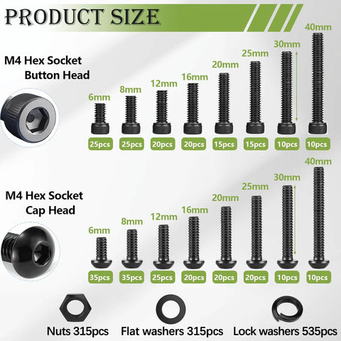 Heavy Duty M4 Screws Kit Featuring 1260 Piece Metric Bolt Assortment With Hex Socket Button And Cap Heads Plus Tough Washers Nuts And Wrenches For Heavy Use Garage And Auto Jobs showing product sizes and quantities.