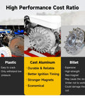 Comparison of plastic, cast aluminum, and billet flywheels with focus on Beefed-Up Aluminum Flywheel 10K RPM For Predator 212CC 196CC 224CC Non Hemi Ghost Engines And GX160 GX200 Mini Bike Clones Coleman CT200U CT200U-EX BT200X Tillotson 212CC Harbor Freight Massimo Baja Warrior Performance Parts
